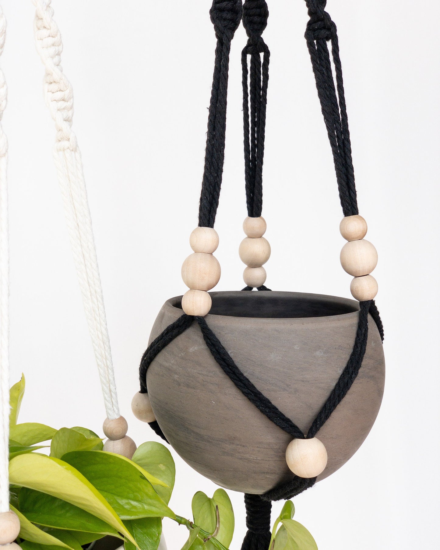 Close up of a boho plant hanger in black