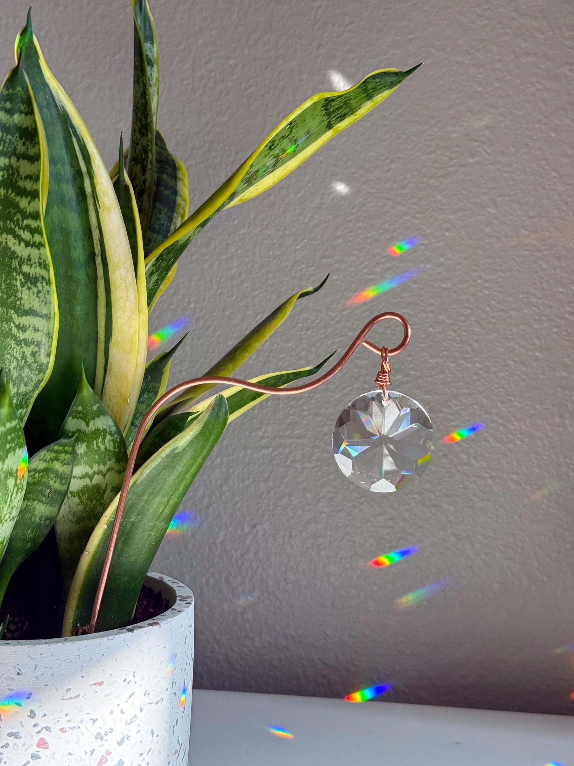 Plant Stake Suncatcher #8 with crystal prism and copper - Plant lover gift, crystal sun catcher, garden stake, plant marker, memorial gift