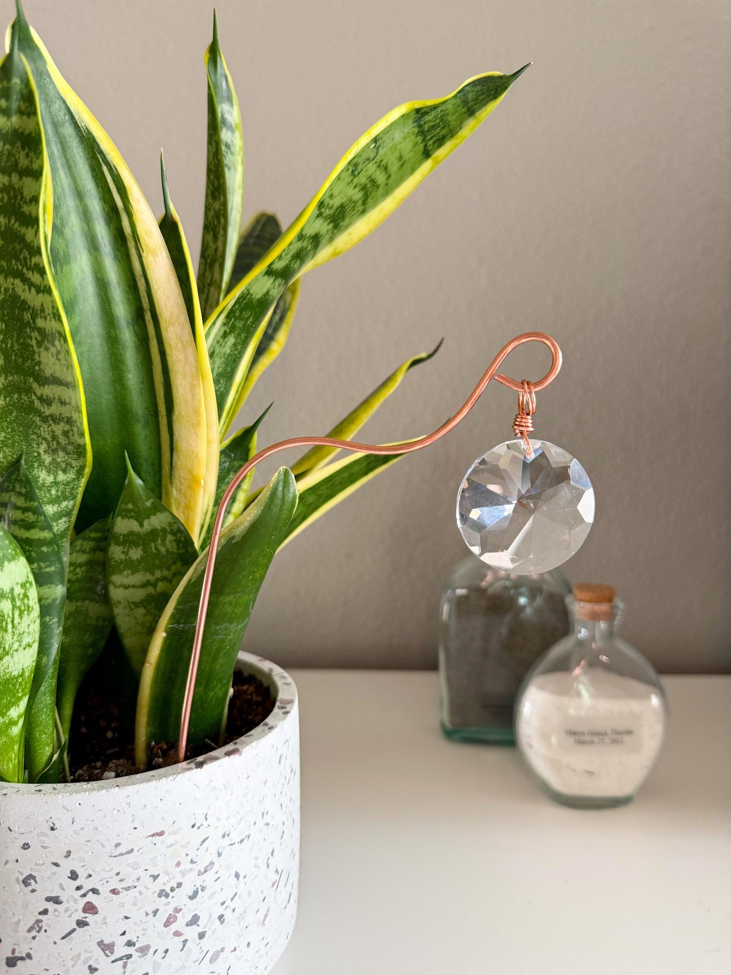 Plant Stake Suncatcher #8 with crystal prism and copper - Plant lover gift, crystal sun catcher, garden stake, plant marker, memorial gift