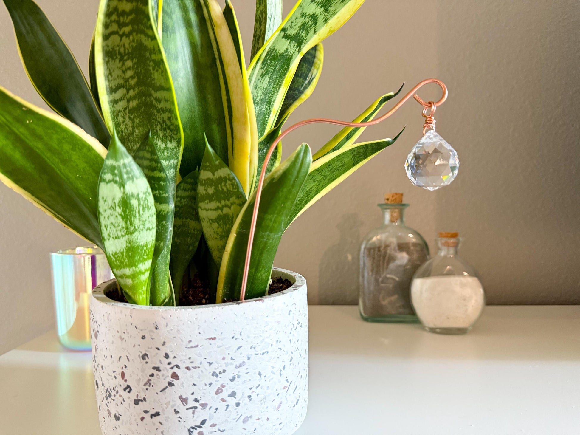 Plant Stake Suncatcher #7 with crystal prism and copper - Plant lover gift, crystal sun catcher, garden stake, plant marker, memorial gift