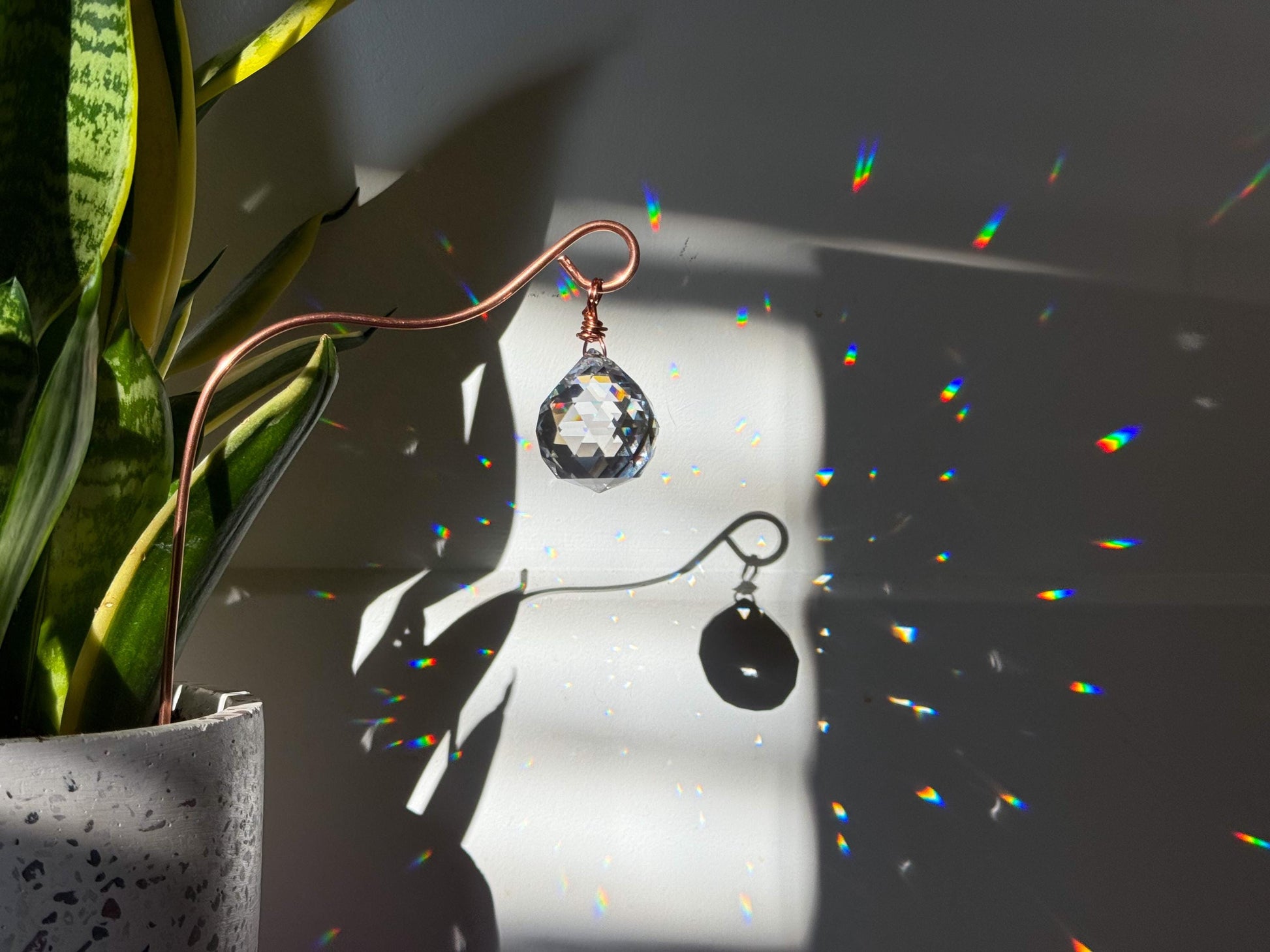 Plant Stake Suncatcher #7 with crystal prism and copper - Plant lover gift, crystal sun catcher, garden stake, plant marker, memorial gift