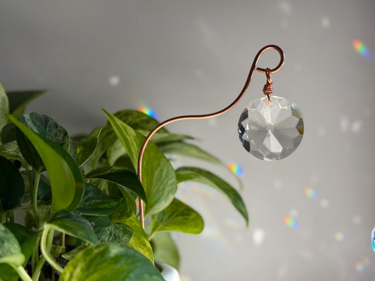 Plant Stake Suncatcher #8 with crystal prism and copper - Plant lover gift, crystal sun catcher, garden stake, plant marker, memorial gift