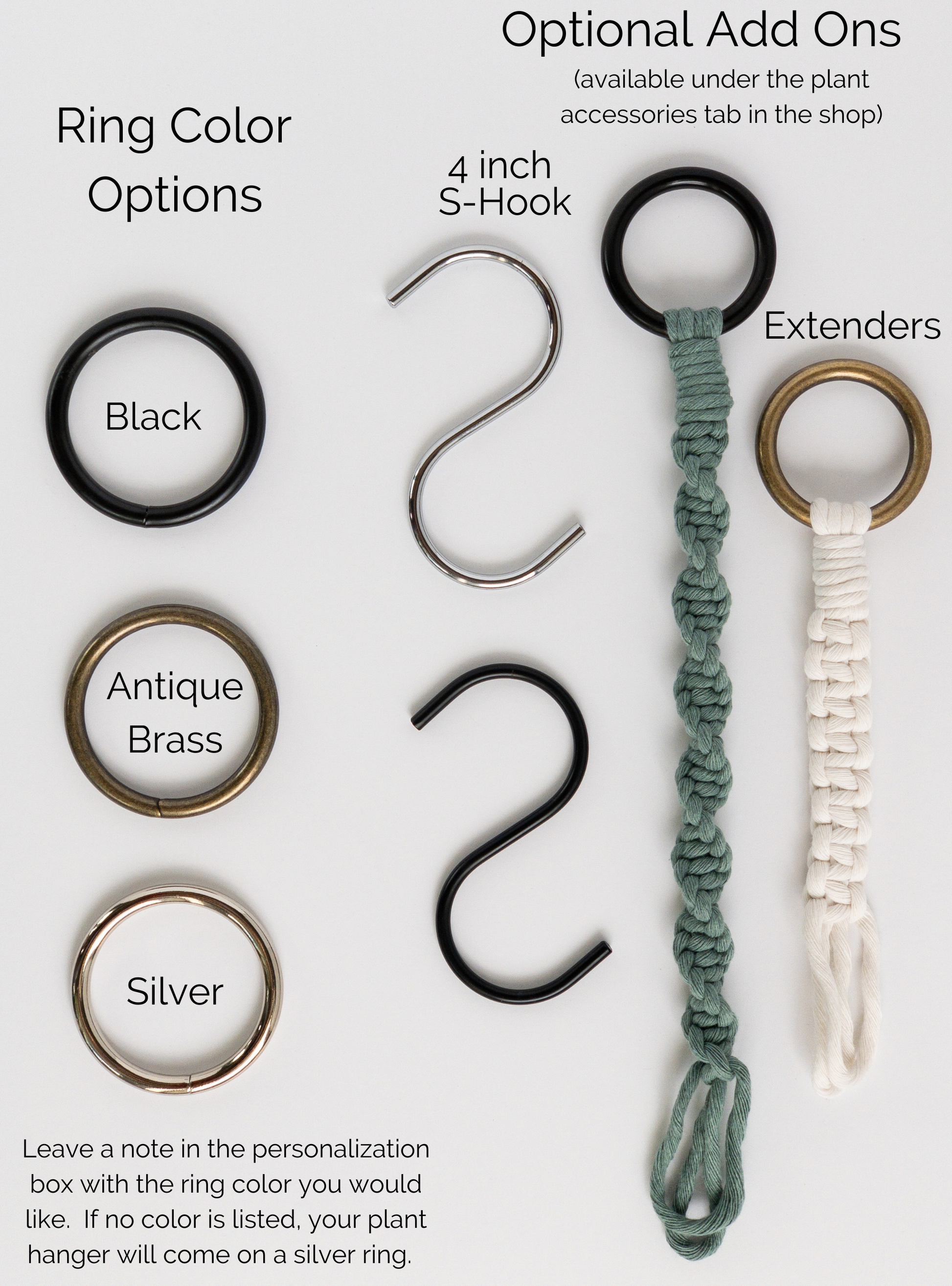 Options for plant hangers.  Ring color options: black, antique brass, silver.  S hooks in silver and black, macrame plant hanger extension chains
