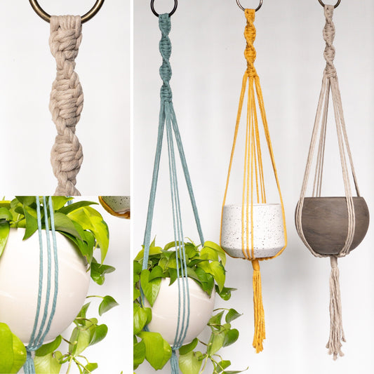 Modern macrame plant hangers. Attached to a metal ring and have a singular spiral at the top that opens up into 4 sections that support the pot. They have a medium length tail at the bottom. Shown in Beige, teal and yellow
