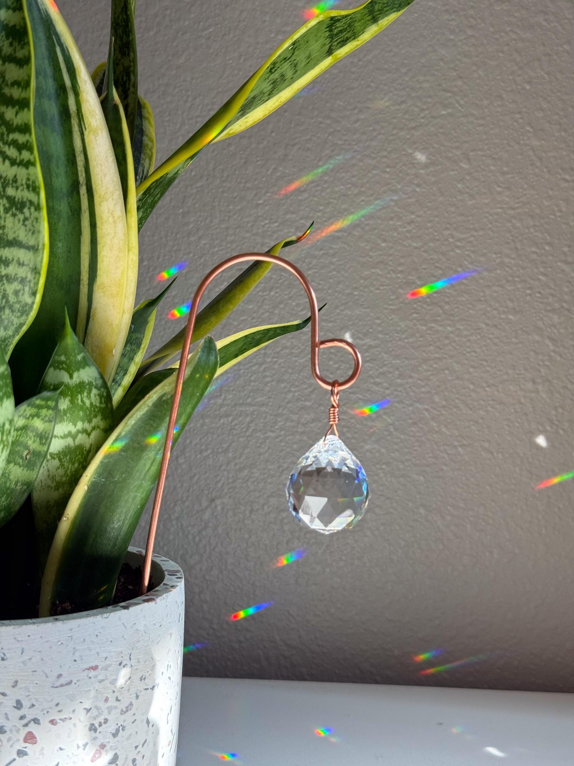 Plant Stake Suncatcher #5 with crystal prism and copper - Plant lover gift, crystal sun catcher, garden stake, plant marker, memorial gift
