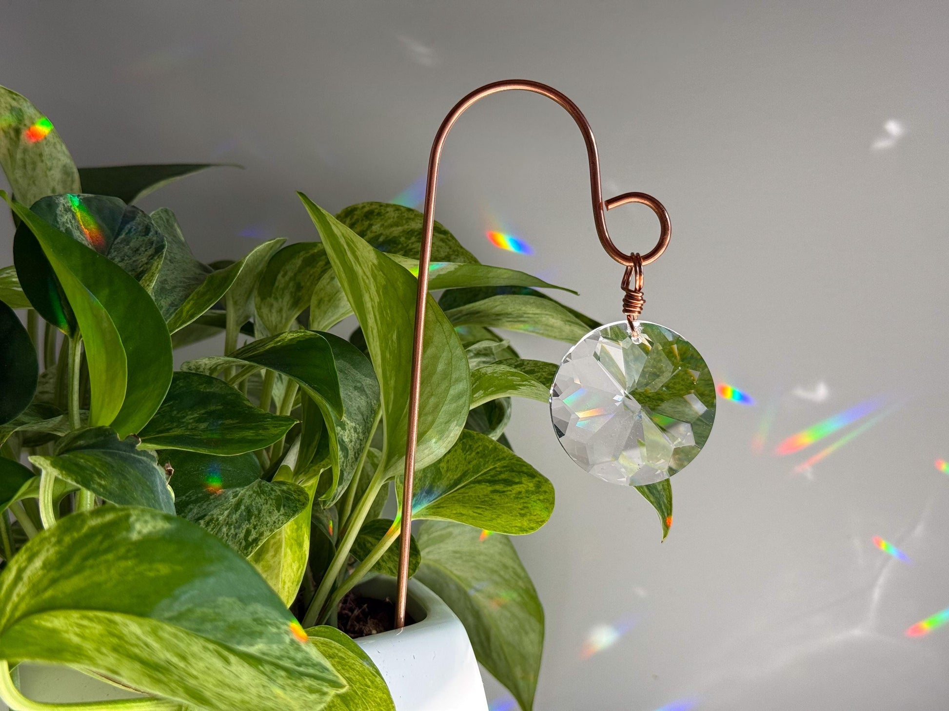 Plant Stake Suncatcher #6 with crystal prism and copper - Plant lover gift, crystal sun catcher, garden stake, plant marker, memorial gift