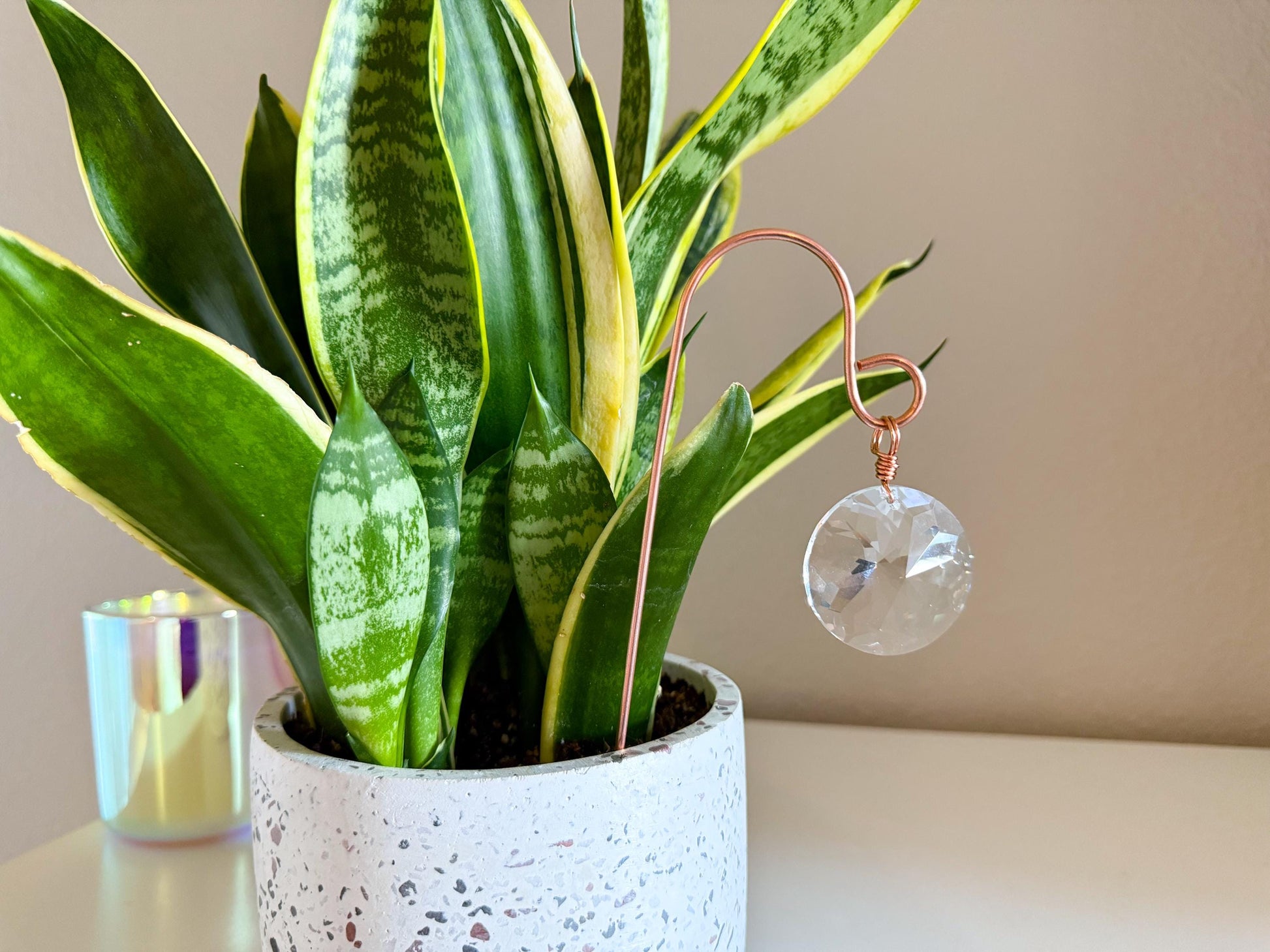 Plant Stake Suncatcher #6 with crystal prism and copper - Plant lover gift, crystal sun catcher, garden stake, plant marker, memorial gift
