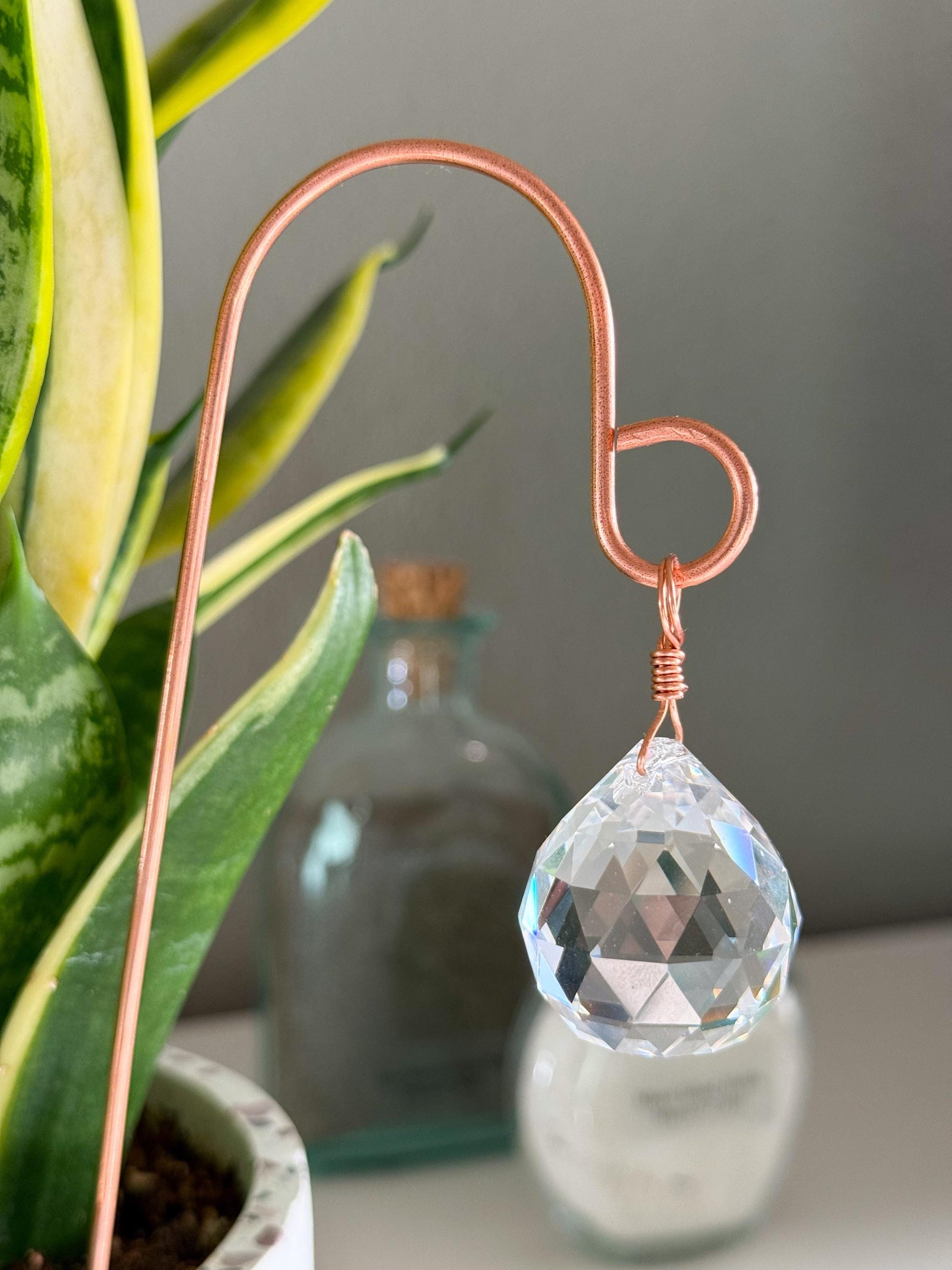 Plant Stake Suncatcher #5 with crystal prism and copper - Plant lover gift, crystal sun catcher, garden stake, plant marker, memorial gift