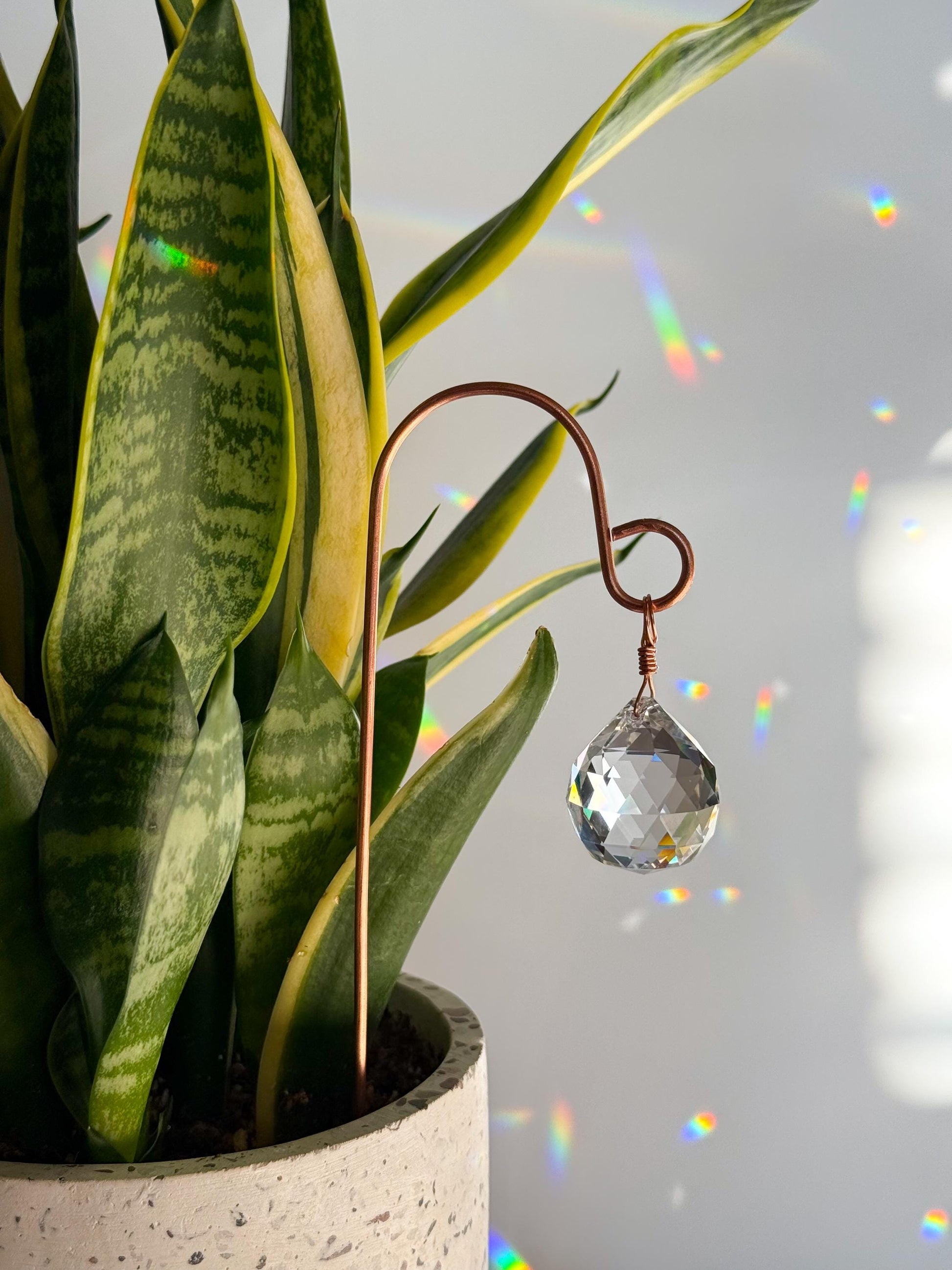 Plant Stake Suncatcher #5 with crystal prism and copper - Plant lover gift, crystal sun catcher, garden stake, plant marker, memorial gift