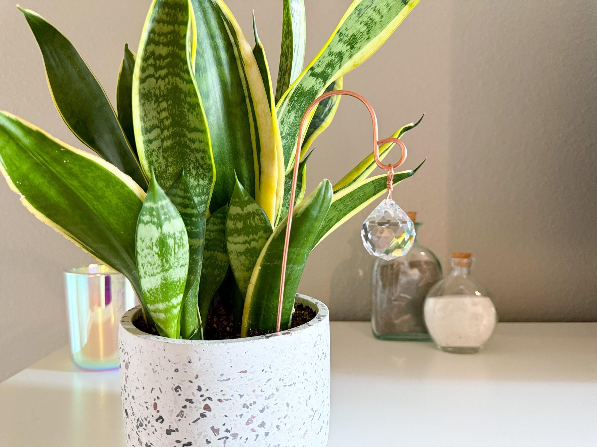 Plant Stake Suncatcher #5 with crystal prism and copper - Plant lover gift, crystal sun catcher, garden stake, plant marker, memorial gift