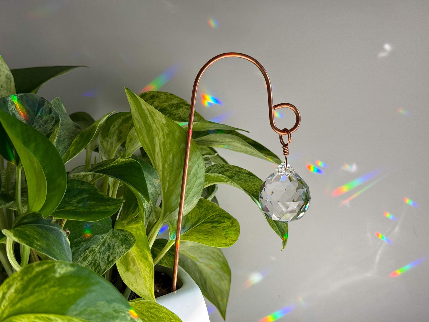 Plant Stake Suncatcher #5 with crystal prism and copper - Plant lover gift, crystal sun catcher, garden stake, plant marker, memorial gift