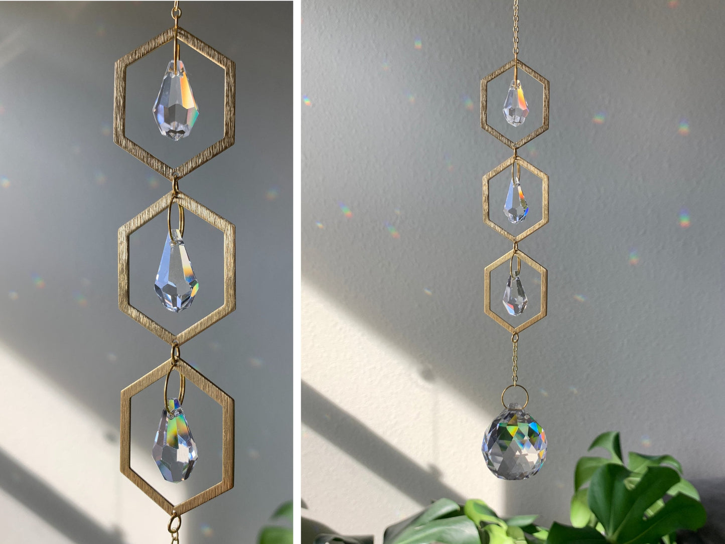 Brass and crystal suncatcher that disperses rainbow flecks around the walls and floor. Three brass hexagons connected vertically with a small teardrop shaped crystal inside each hexagon. A larger round crystal ball hangs below the bottom hexagon.