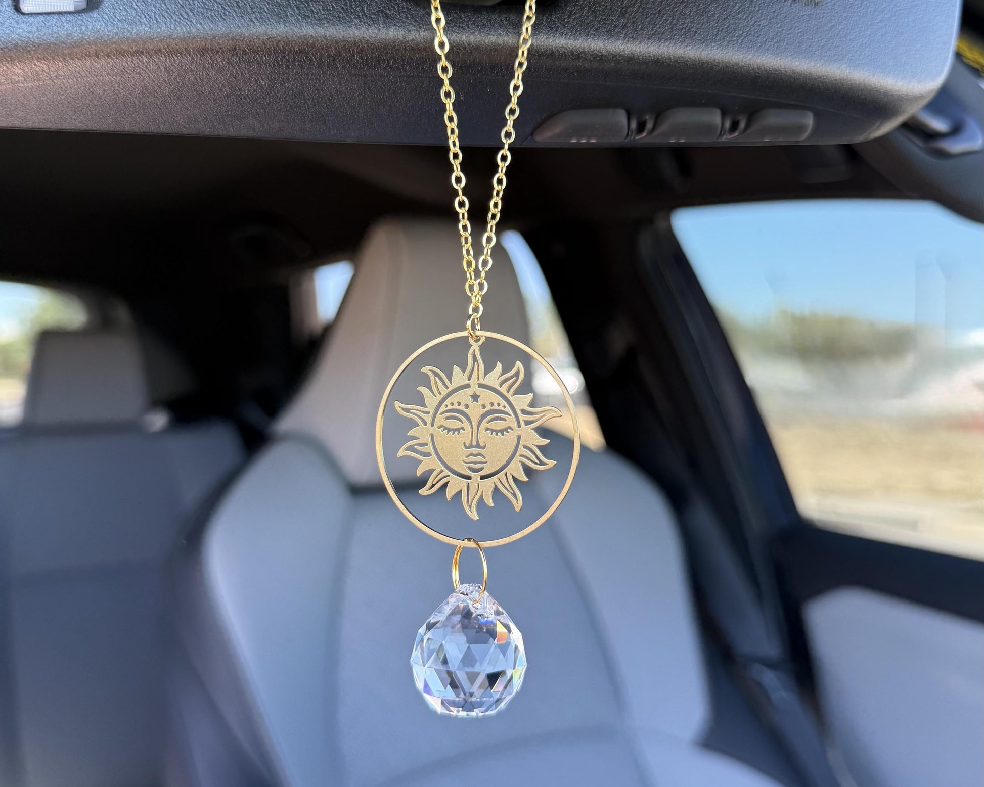 Sun Rearview Mirror Suncatcher, Crystal Sun Catcher, Crystal Ornament, Crystal Prism Car Charm, Rearview Mirror Decoration, Car Mirror Charm