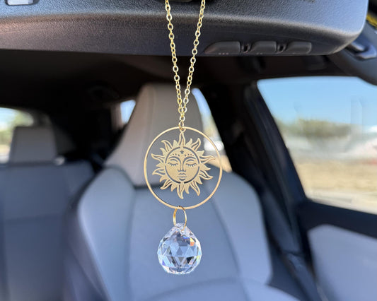 Sun Rearview Mirror Suncatcher, Crystal Sun Catcher, Crystal Ornament, Crystal Prism Car Charm, Rearview Mirror Decoration, Car Mirror Charm