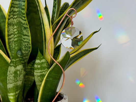 Plant Stake Suncatcher #1 with crystal prism and copper - Plant lover gift, crystal sun catcher, garden stake, plant marker, memorial gift