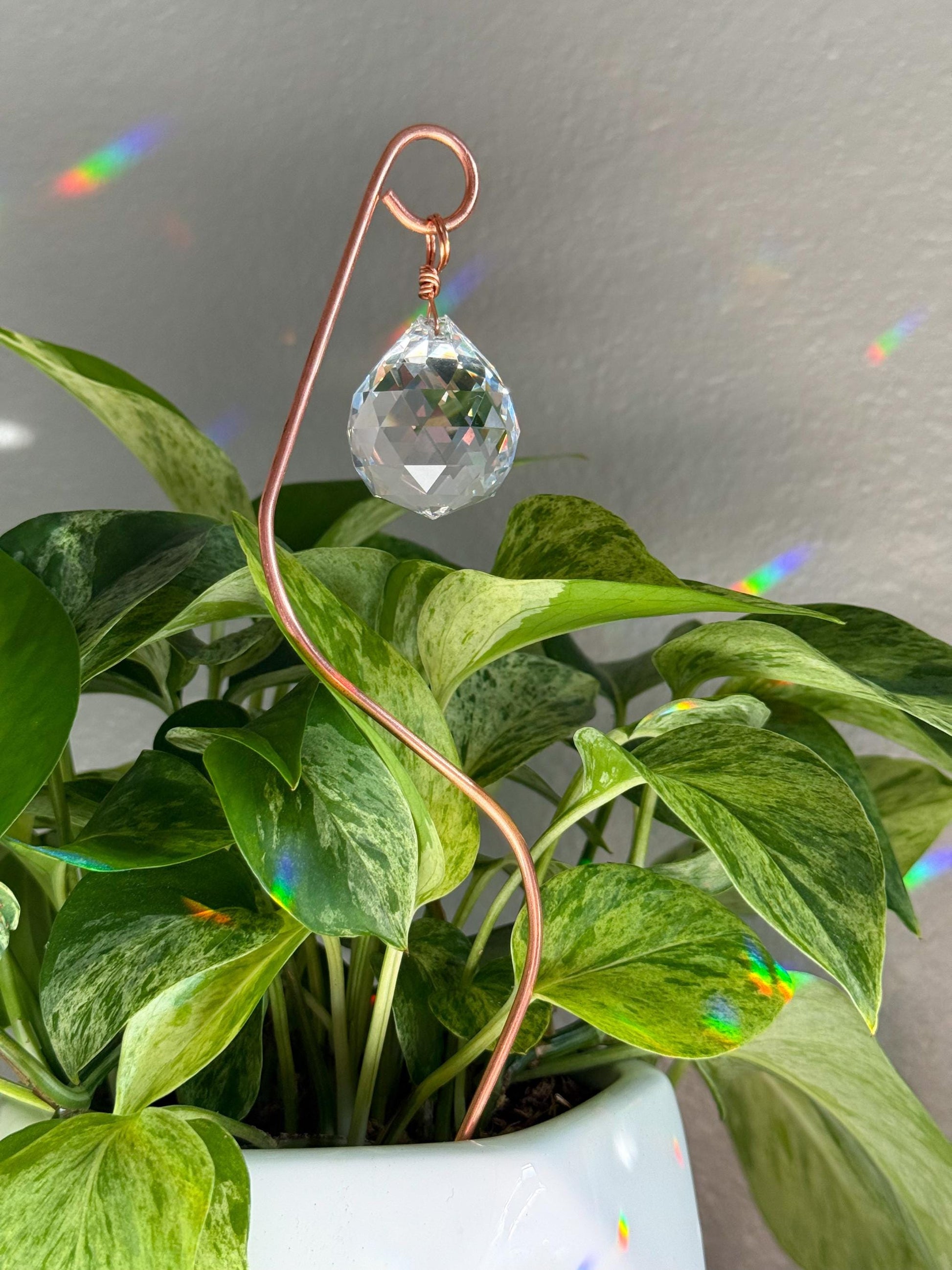 Plant Stake Suncatcher #2 with crystal prism and copper - Plant lover gift, crystal sun catcher, garden stake, plant marker, memorial gift