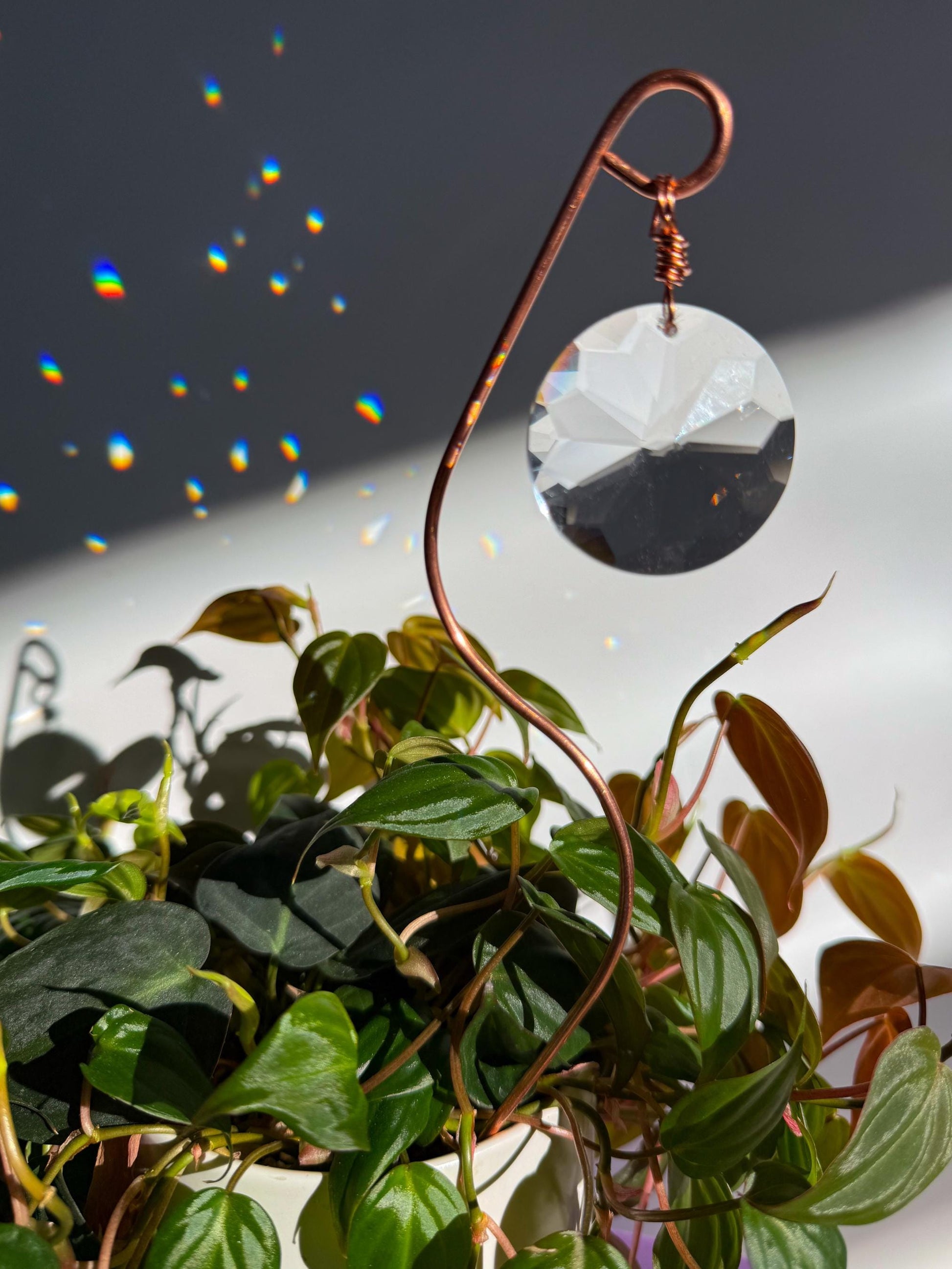 Plant Stake Suncatcher #1 with crystal prism and copper - Plant lover gift, crystal sun catcher, garden stake, plant marker, memorial gift