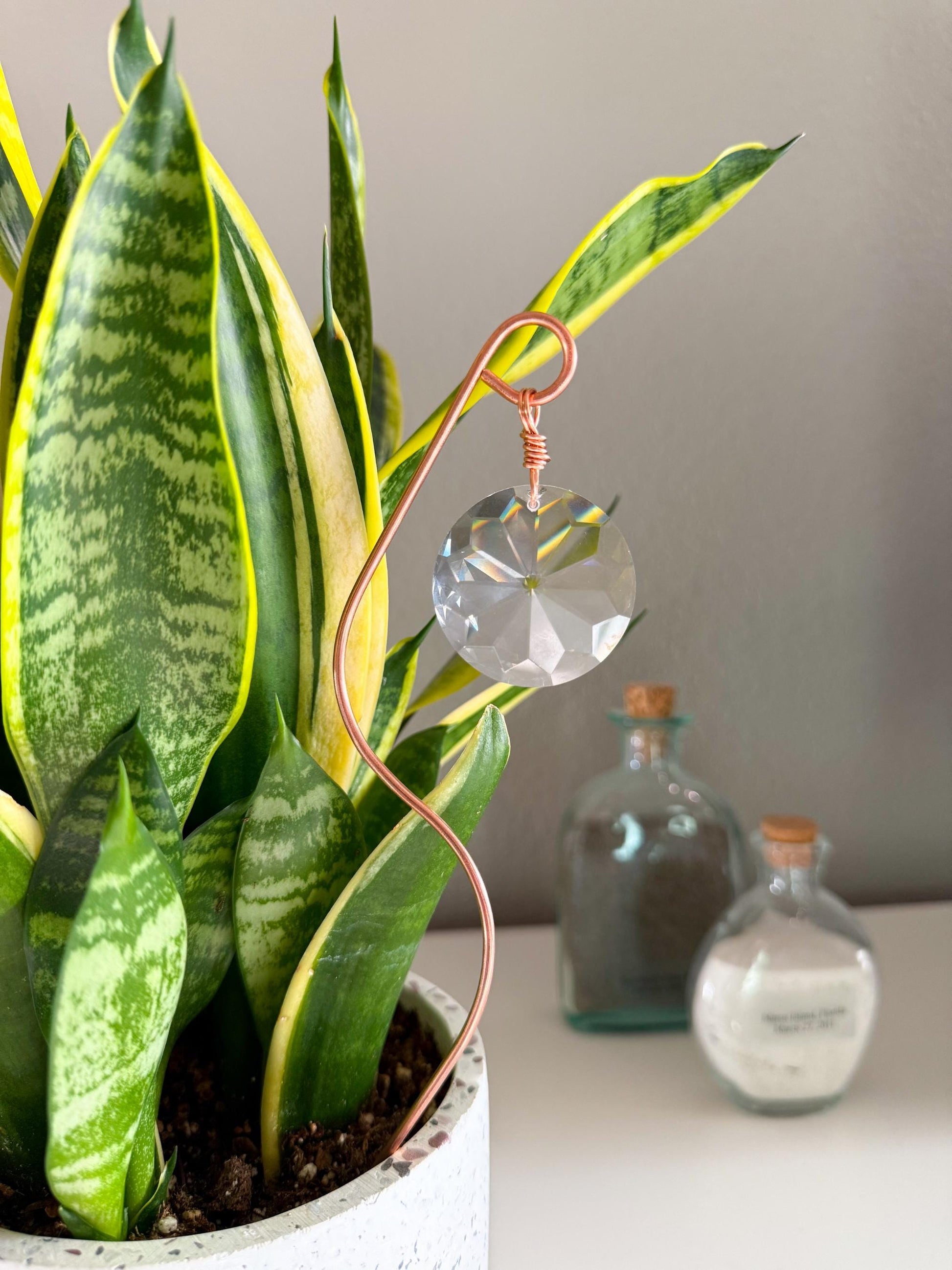 Plant Stake Suncatcher #1 with crystal prism and copper - Plant lover gift, crystal sun catcher, garden stake, plant marker, memorial gift