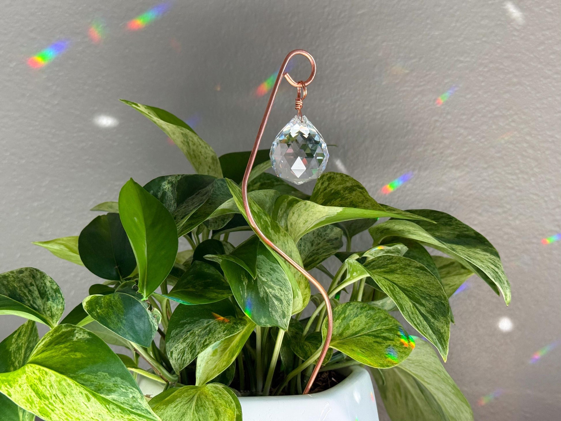 Plant Stake Suncatcher #2 with crystal prism and copper - Plant lover gift, crystal sun catcher, garden stake, plant marker, memorial gift