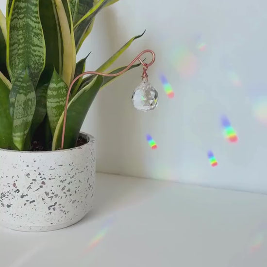 Plant Stake Suncatcher #7 with crystal prism and copper - Plant lover gift, crystal sun catcher, garden stake, plant marker, memorial gift