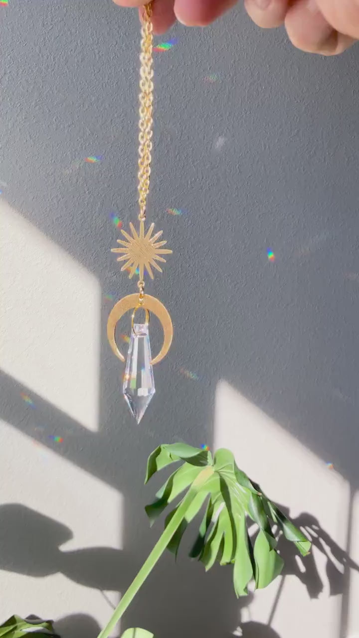 Crescent Moon Rearview Mirror Suncatcher, Crystal Sun Catcher, Crystal Prism Car Charm, Rearview Mirror Decoration, Car Mirror Charm